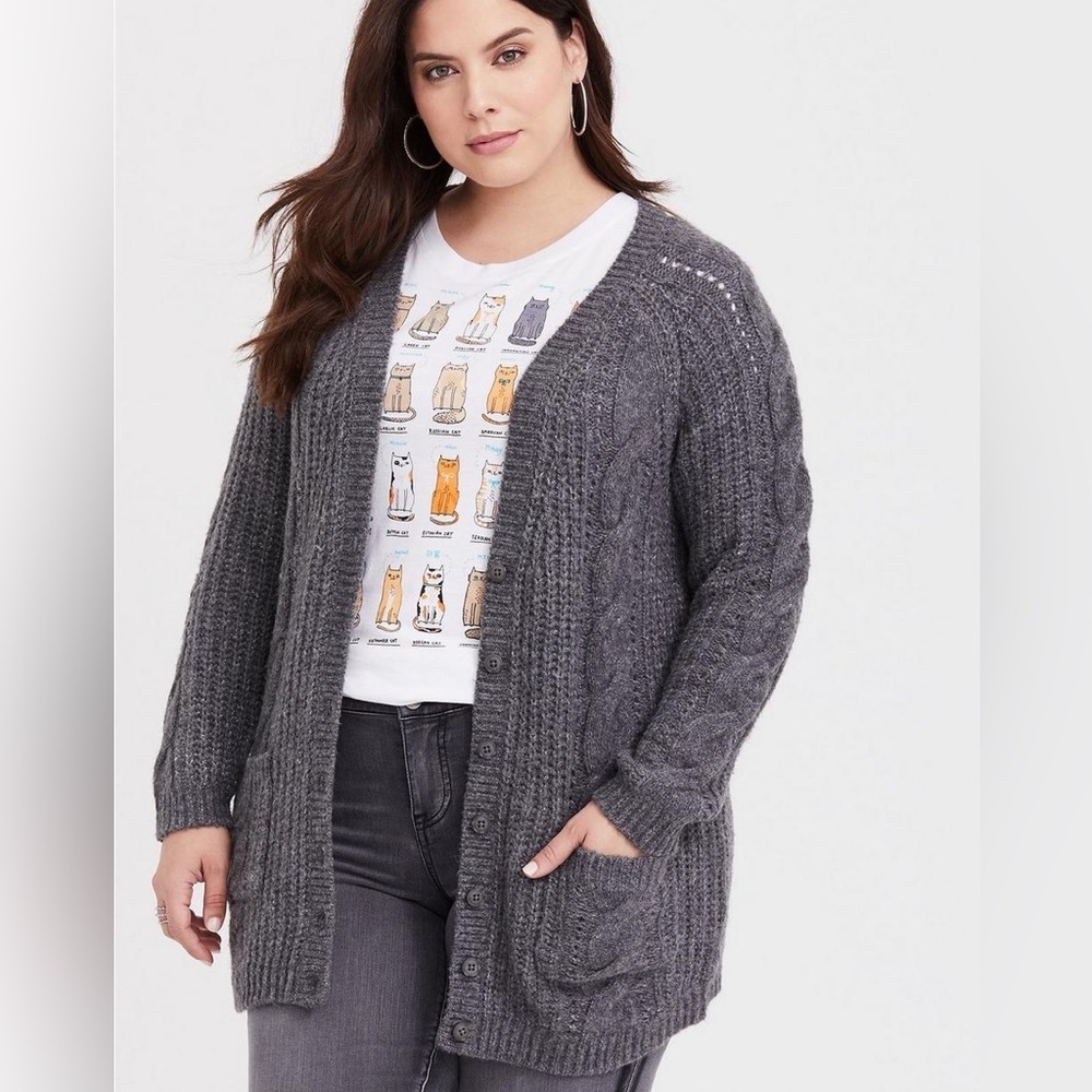 torrid Gray Cable Knit Button-Front Cardigan